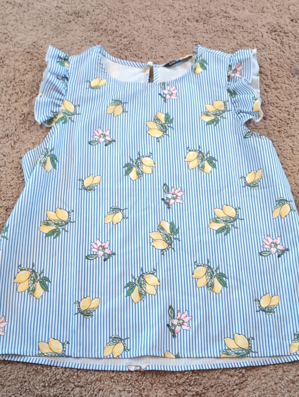 SHEIN Blue & Yellow Striped Lemon Print Ruffle Sleeve Blouse